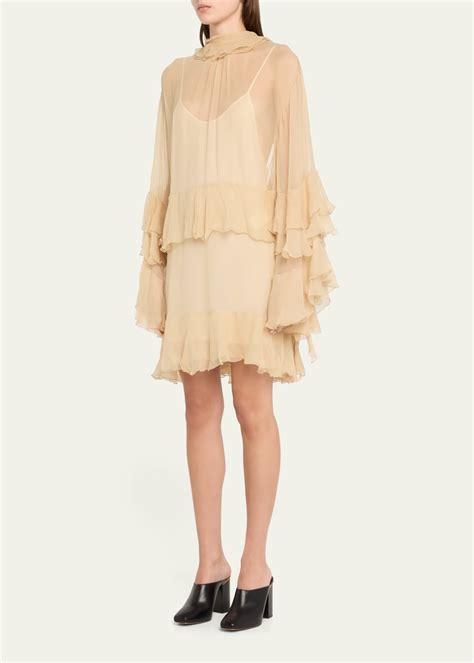 chloe pink ruffle dress|Ruffled mini dress in silk mousseline .